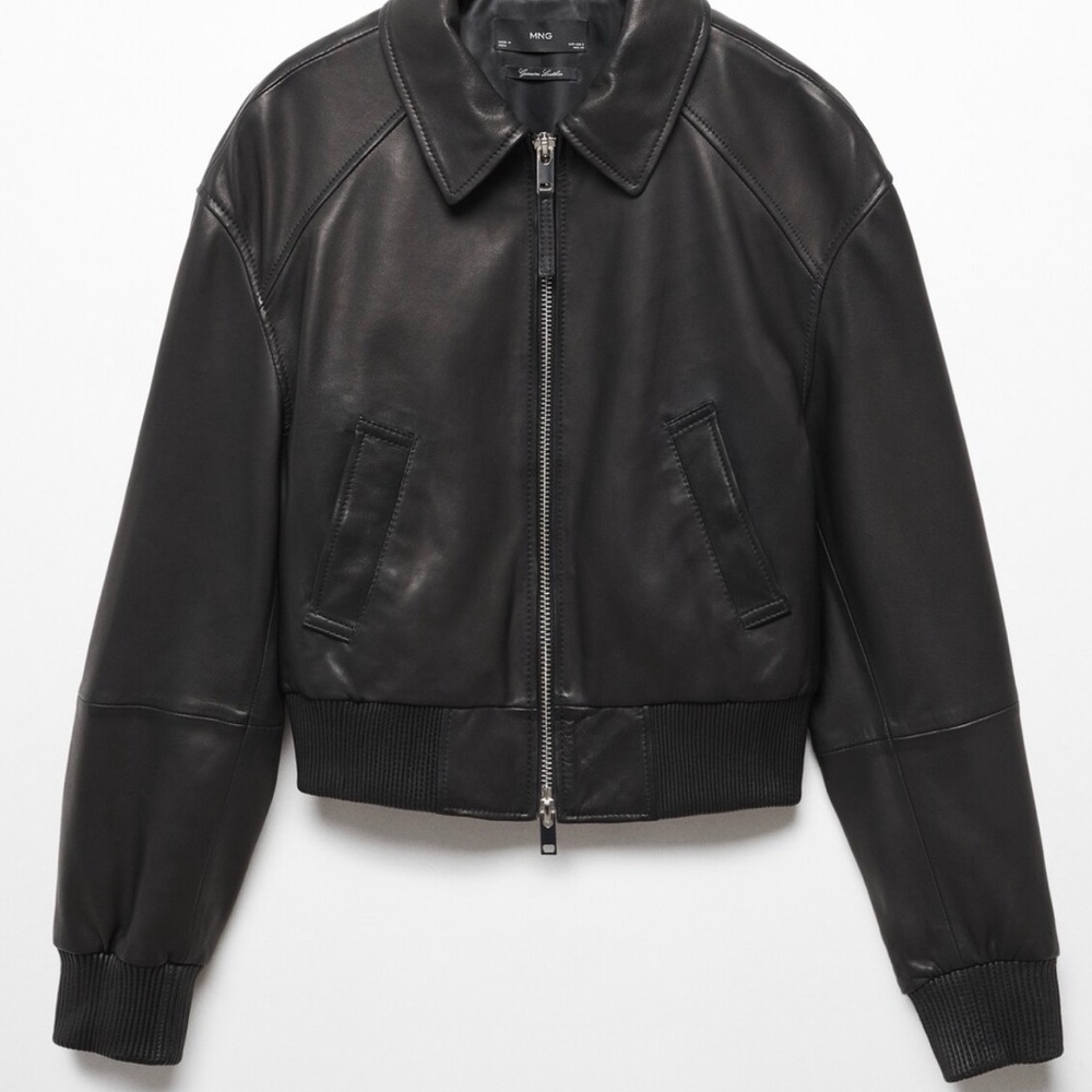 Mango Black Leather Bomber Jacket with Zip Front